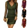 Damenmode Farbe Sexy V-Ausschnitt Langarm Spitze Spleiß Taille Kleid