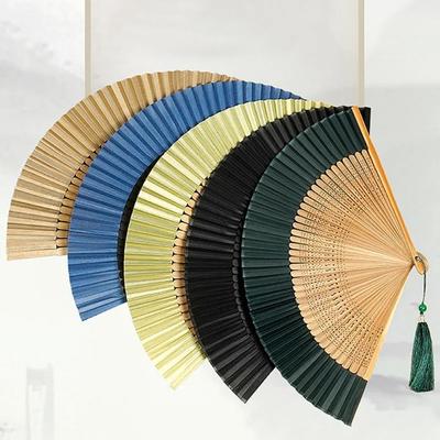 Decorative Fan Carved Handle Bamboo Folding Fan Handhold Vintage Chinese Fan with Tassel Dance Fan Ladies