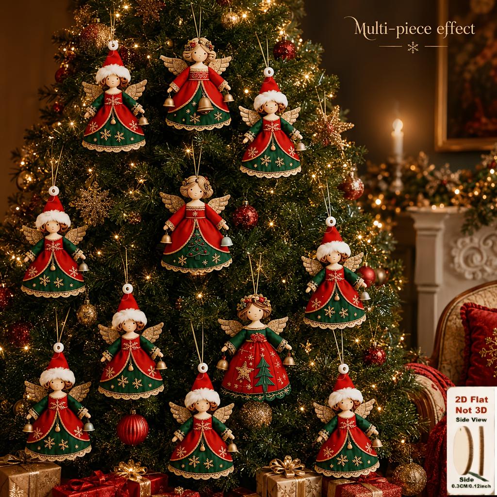 30pcs Christmas Angel Ornament Set Features Classic Red, Green, And Golden Holiday Colors, Paired with Golden Wings, Bells, Santa Hats, Wreaths
