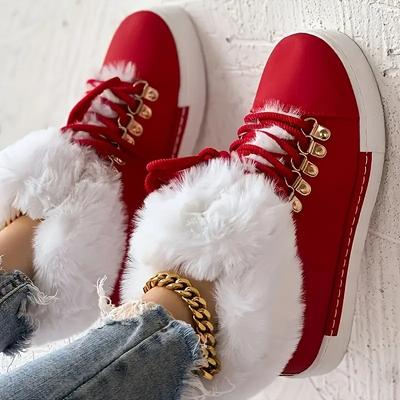 Christmas Fashion Thickened Warm Fur Red Boots, Solid Color Lace Up Flat Warm Sneakers
