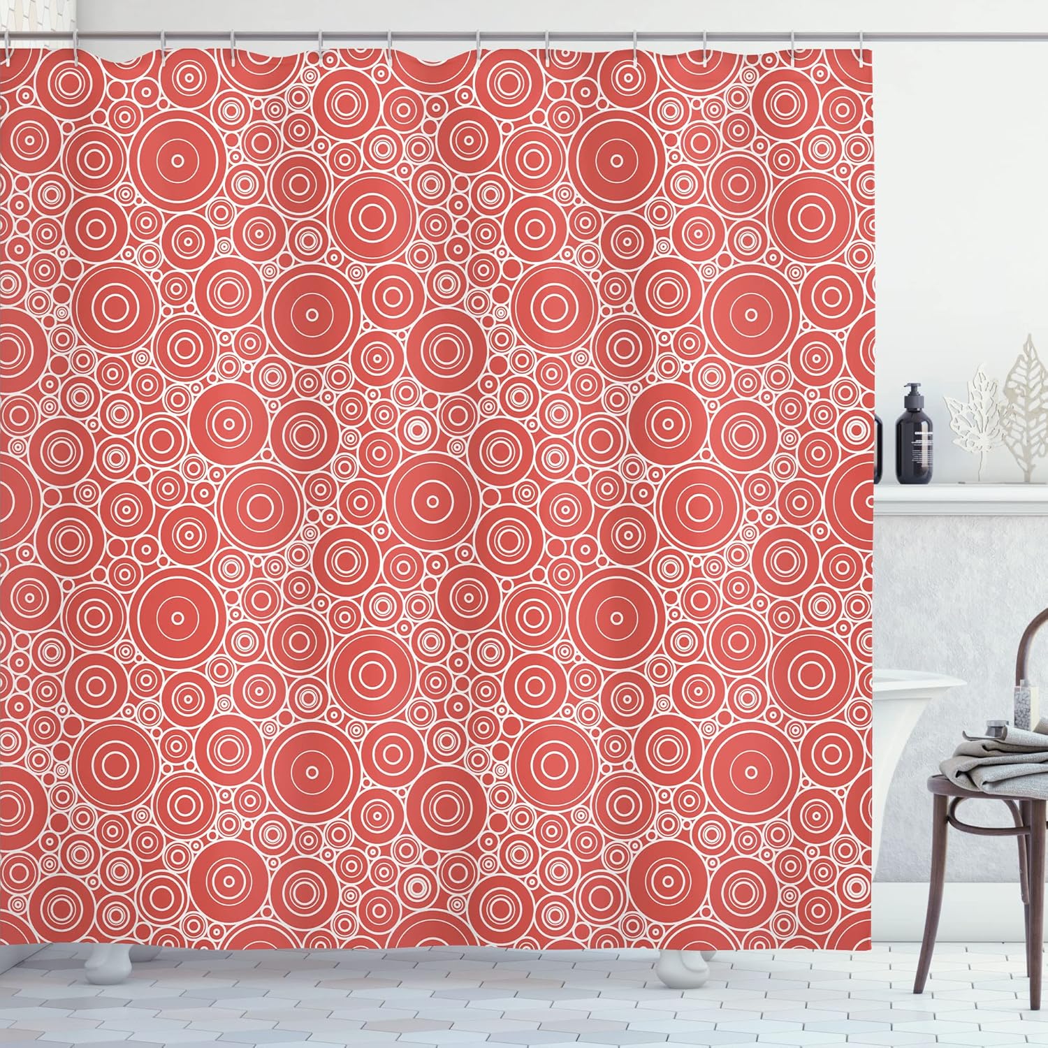 

Abstract Red Shower Curtain Circular Pattern Bathroom Decor Geometric Art Modern Design Retro Style Bath Set Home Accessories W60H190(CM)-1 Pcs