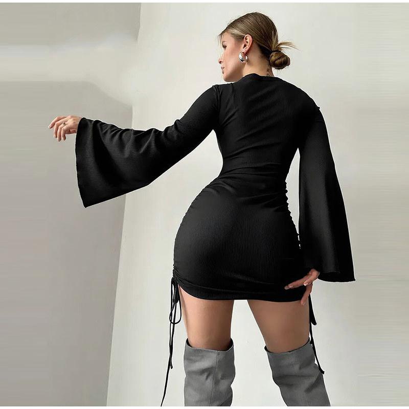 2025 Fashion Women Sexy Bodycon Bell Sleeve Dress Spring Summer New Elegant Slim Fit High Waist Printed Short Skirt