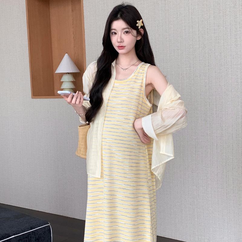 2026 Summer Korean Style Colorful Maternity Vest Dress + Shirt Two-Piece Set XL