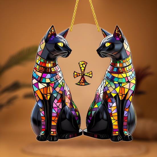 Black Cat Sun Catcher 2D Acrylic Hanging Decoration Stained Glass Style Multicolor Cat Decoration for Room Window Balcony