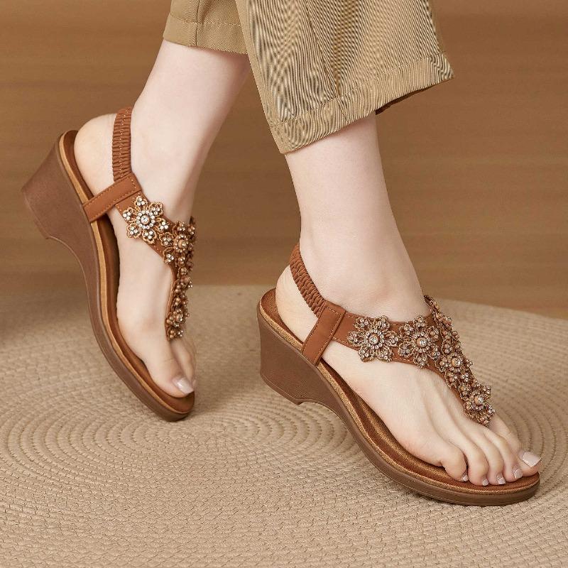 A New Summer Amazon Rhinestone Flower Comfortable Wedge Heel Sandals