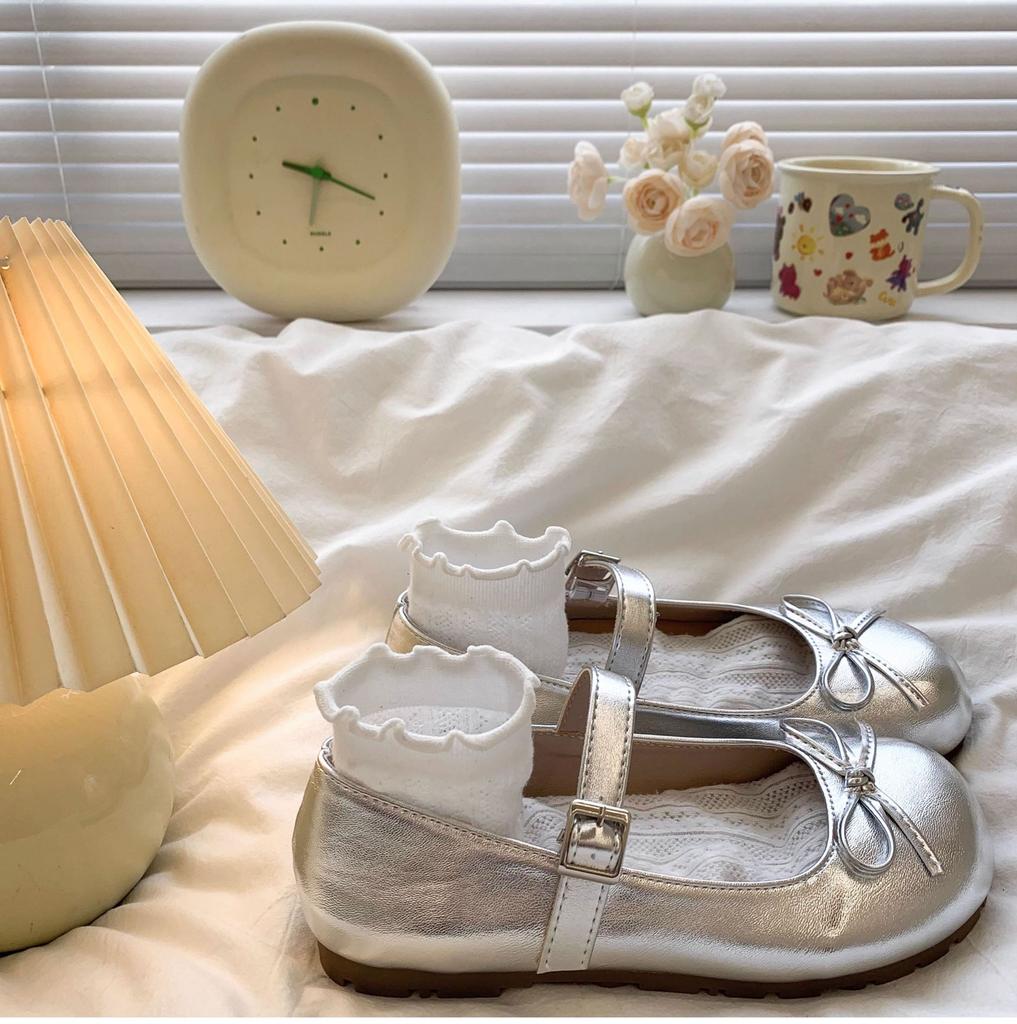Sapatos de ballet com laço francês prateados, novidade primavera e outono, sola macia, com saia, Mary Jane, sapatos pequenos de couro