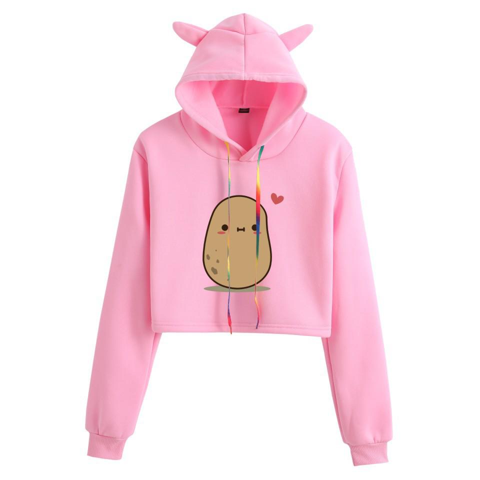Cartoon Spud Potato Cat Ears Print Cropped Hoodie for Women