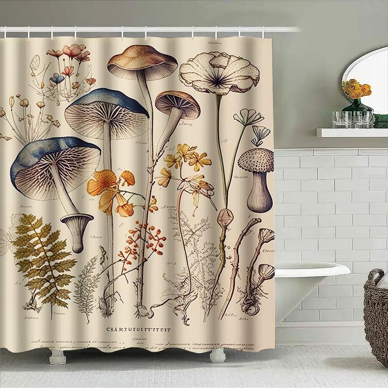 Vintage-Inspired Shower Curtain With Detailed Botanical Illustrations Perfect For Adding A Touch Of Nature To Your Bathroom Deco