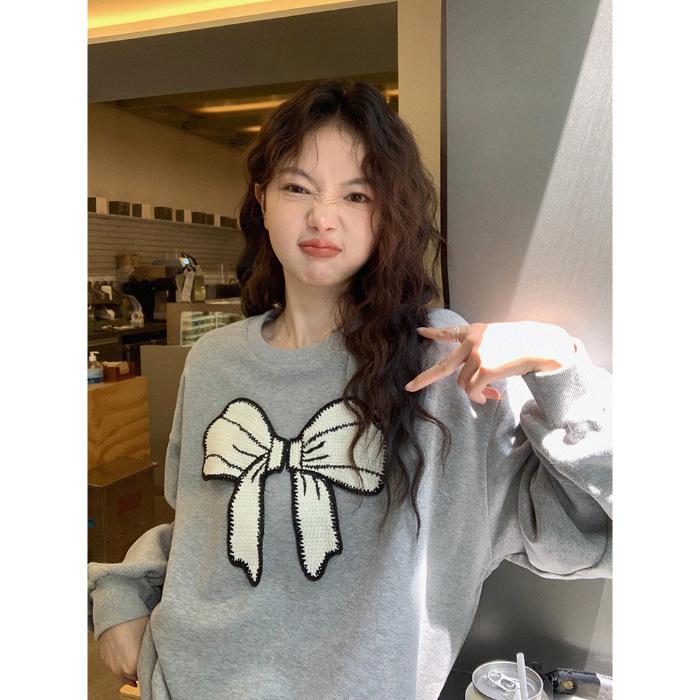 Season's new round neck bow printing large size loose sweater women's clothing fleece affordable