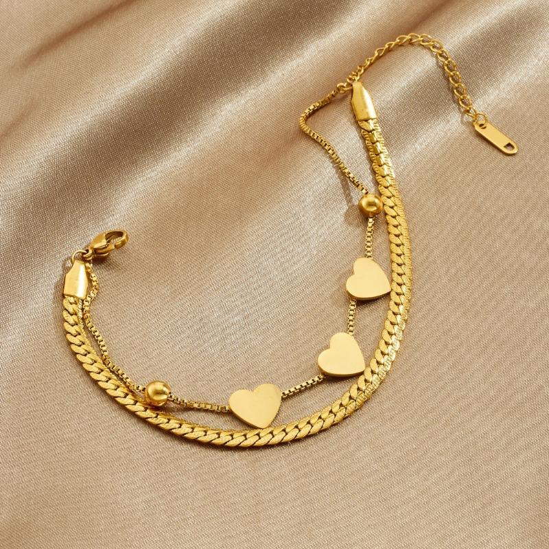 Gold Plated Stainless Steel Double Layer Heart Charm Bracelet for Women