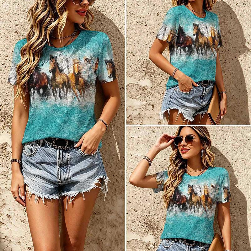 Vintage Ethnic Floral Print Tee Crew Neck Distressed Boho Casual Short Sleeve Pullover T Shirt Top
