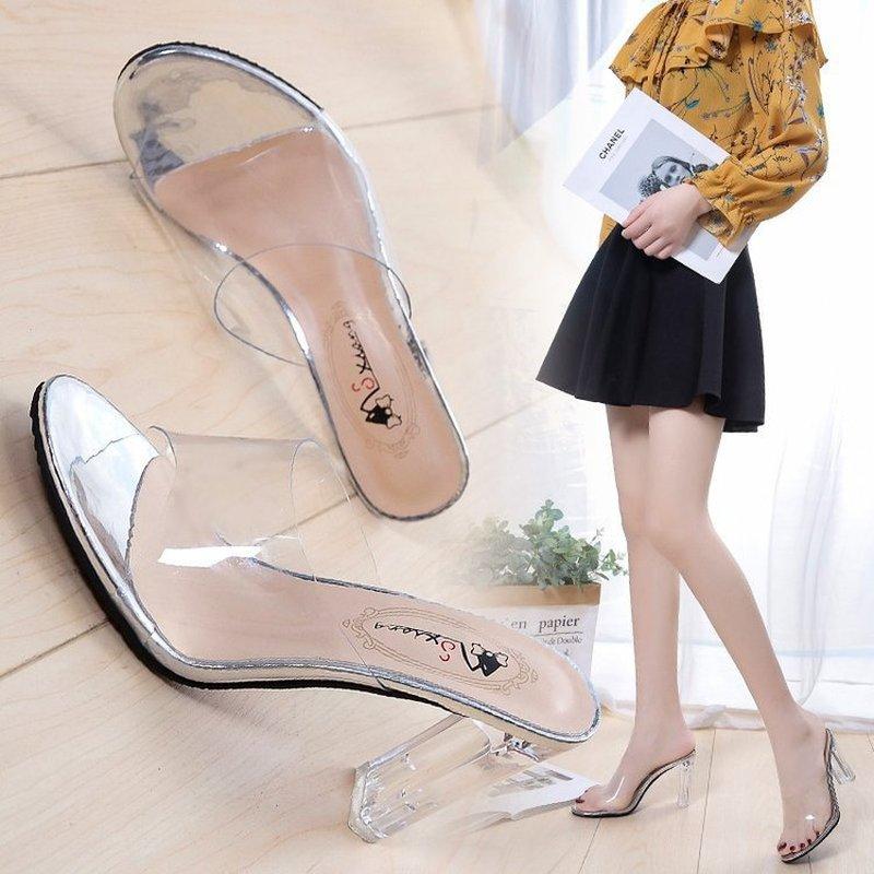 Crystal Clear Heel Shoes Women High Heels Sandals  Summer Female Transparent Sexy Party Slippers Zapatillas Mujer