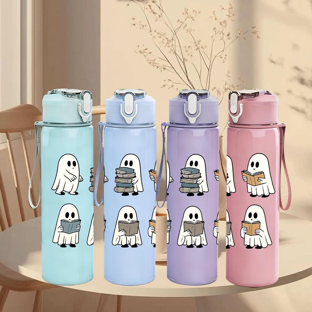 1PC Five Cute Ghosts Halloween 750ml Color Plastic Sports Water Bottle Leakproof Flip Straw Lid Suitable for Sports Office Home Use