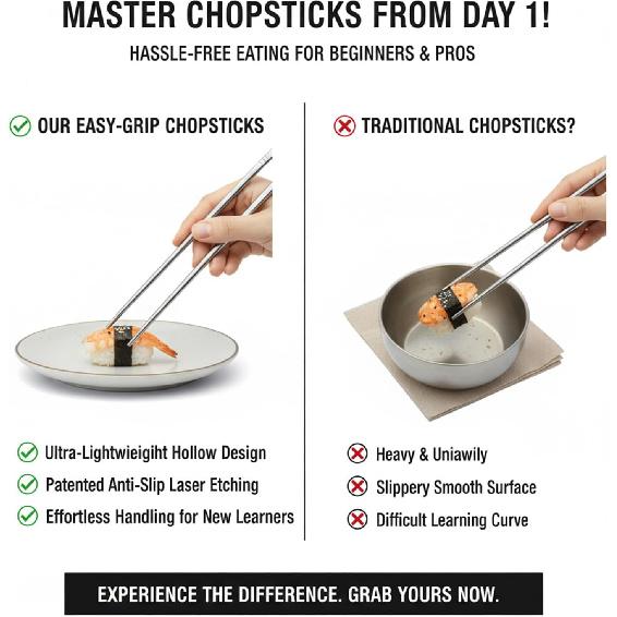 Stainless Steel Chopsticks 5 Pairs, 9 Inch Reble Metal Chop Sticks, Lightweight Hollow Design, Square Anti-Roll & Non-Slip Tips, Dishwasher Safe Food