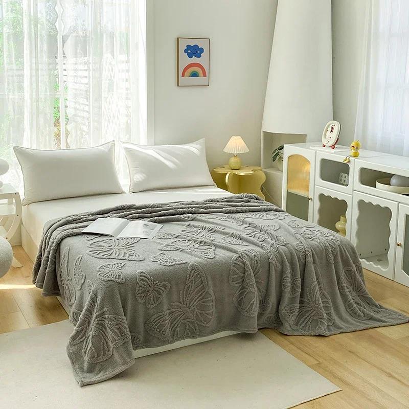 2024 New Solid Color Tafu Fleece Cut Flower Butterfly Blanket Single-layer Double-sided Fleece Fleece Office Cover Blanket