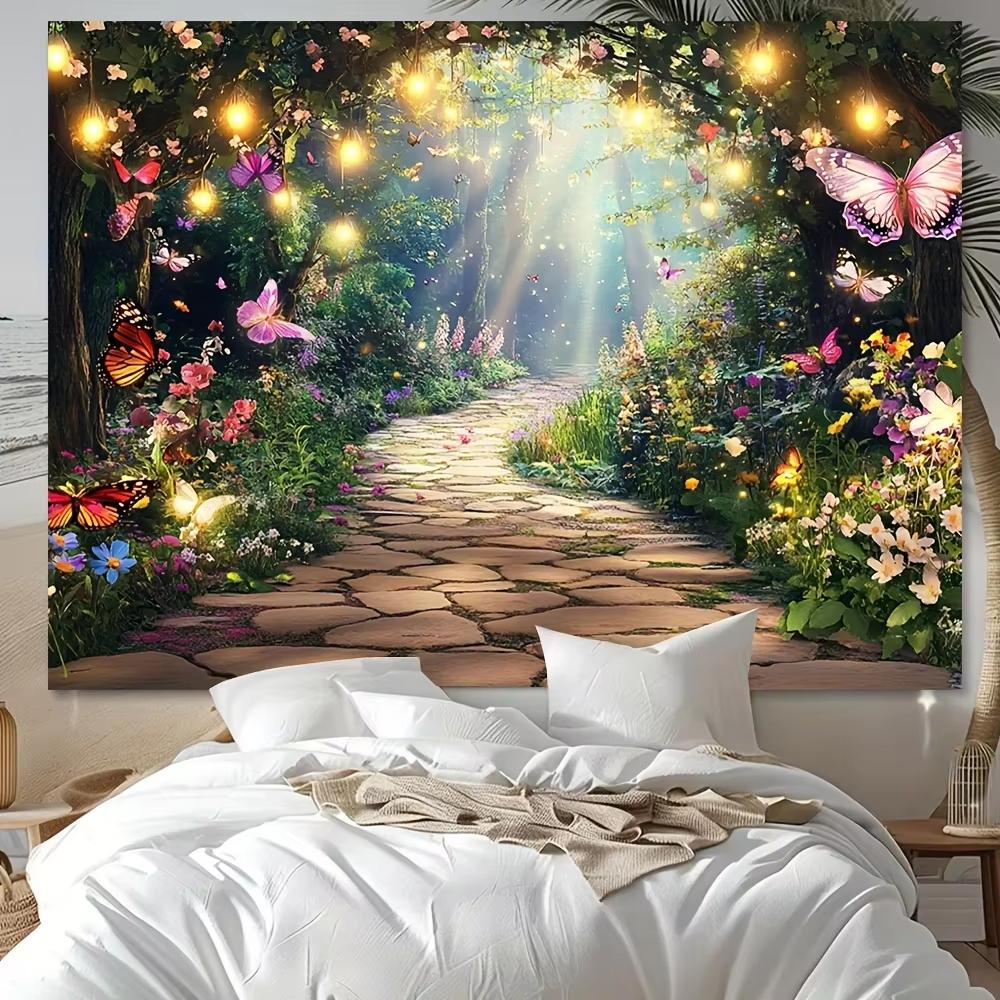 Path Enchanted Forest Tapestry  Magical Garden Wall Art with Butterflies and Flowers for Home Aesthetic Enhancem 74x94cm(29x37in)
