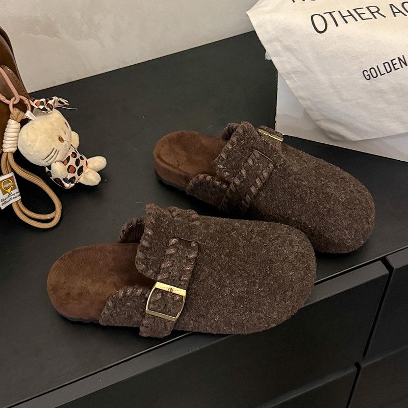 2025 Autumn New French Round Head Flat Bottom Half Slippers Women Wear Versatile Fashion Bag Head Slippers Women's Shoes