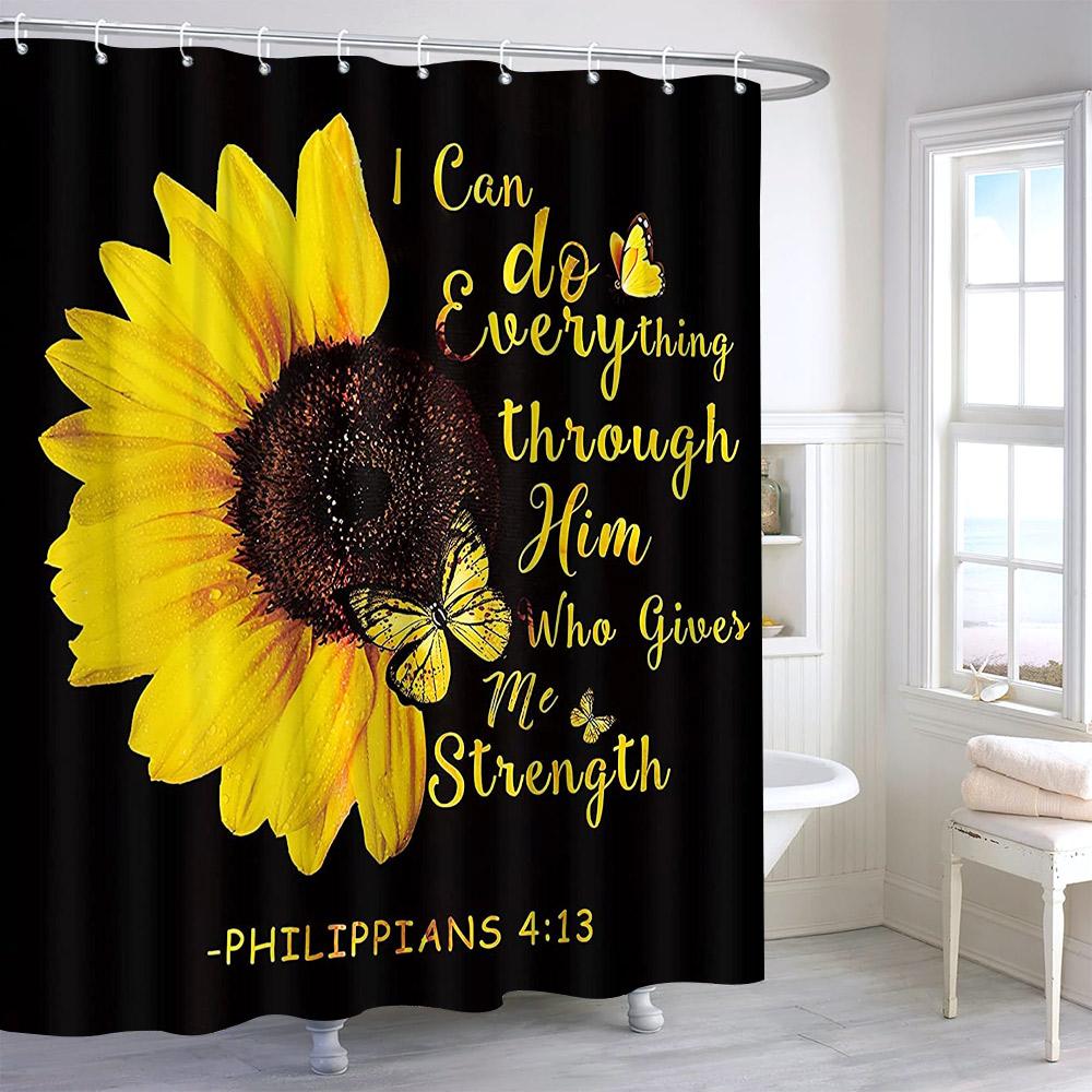 Rustic Sunflower Flower Butterfly Print Shower Curtain Vintage Floral Botanical Polyester Fabric Shower Curtains Bathroom Decor