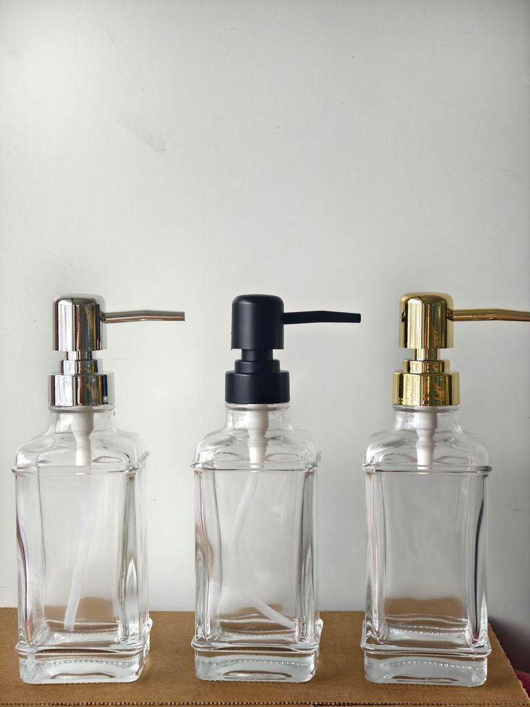 Refillable 300ml Square Glass Soap and Hand Sanitizer Dispenser Bottle.