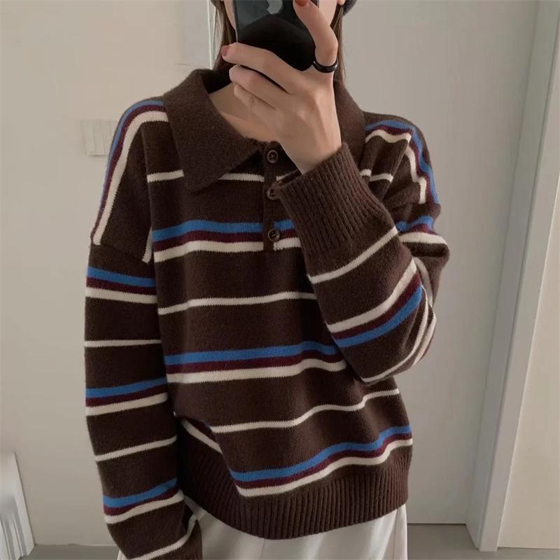 Women's Autumn Color Block Striped Polo Collar Sweater - Korean Style Versatile Pullover Knitwear