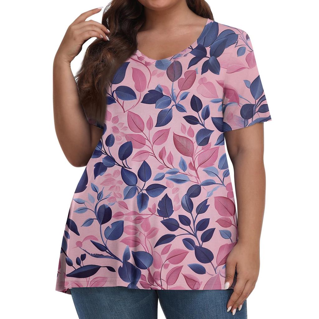 Women's Fashion Casual V-Neck Pullover Short Sleeve Large Size Vintage Printed Top