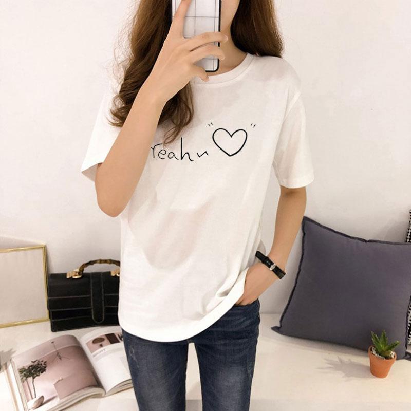 Dame T-skjorte Casual Kortermet O-hals Trykk Bokstav Hjerte T-skjorte Unisex Dame Jente Topp Tees