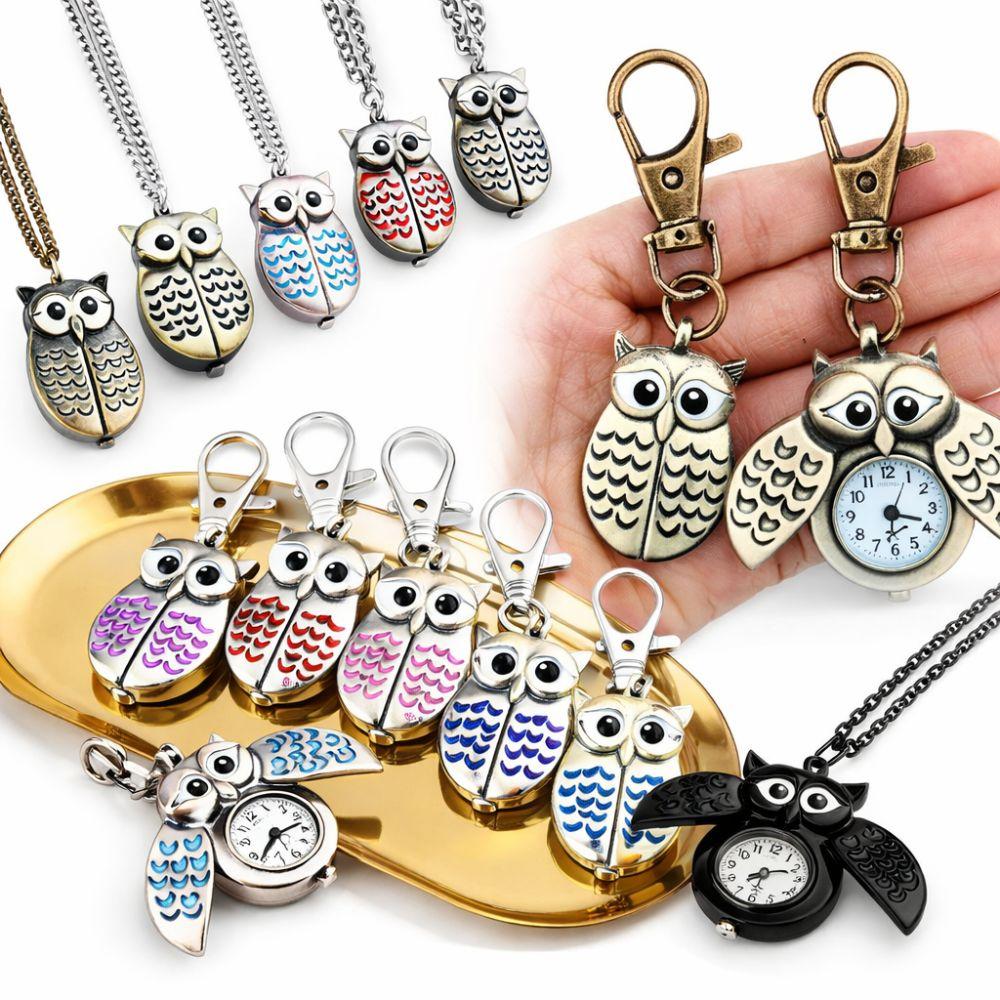 Flip Style Hang Watch Owl Shape Necklace Clock Pocket Watch Keychain For Unisex Adults Children