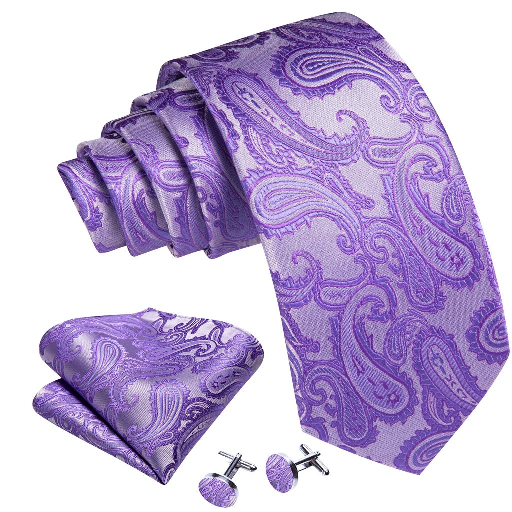 Barry.Wang Necktie Hankerchief Cufflinks Set Violet Paisley Tie Jacquard Woven Wedding
