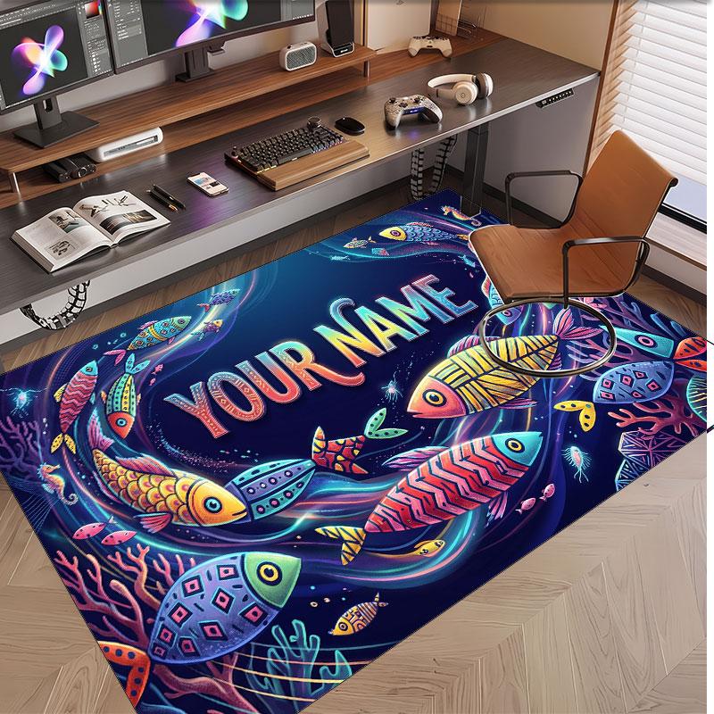 Fish Ocean Theme Soft Crystal Velvet Rug Custom Name & Text Print Non Slip Floor Rug for Bedroom Living Room