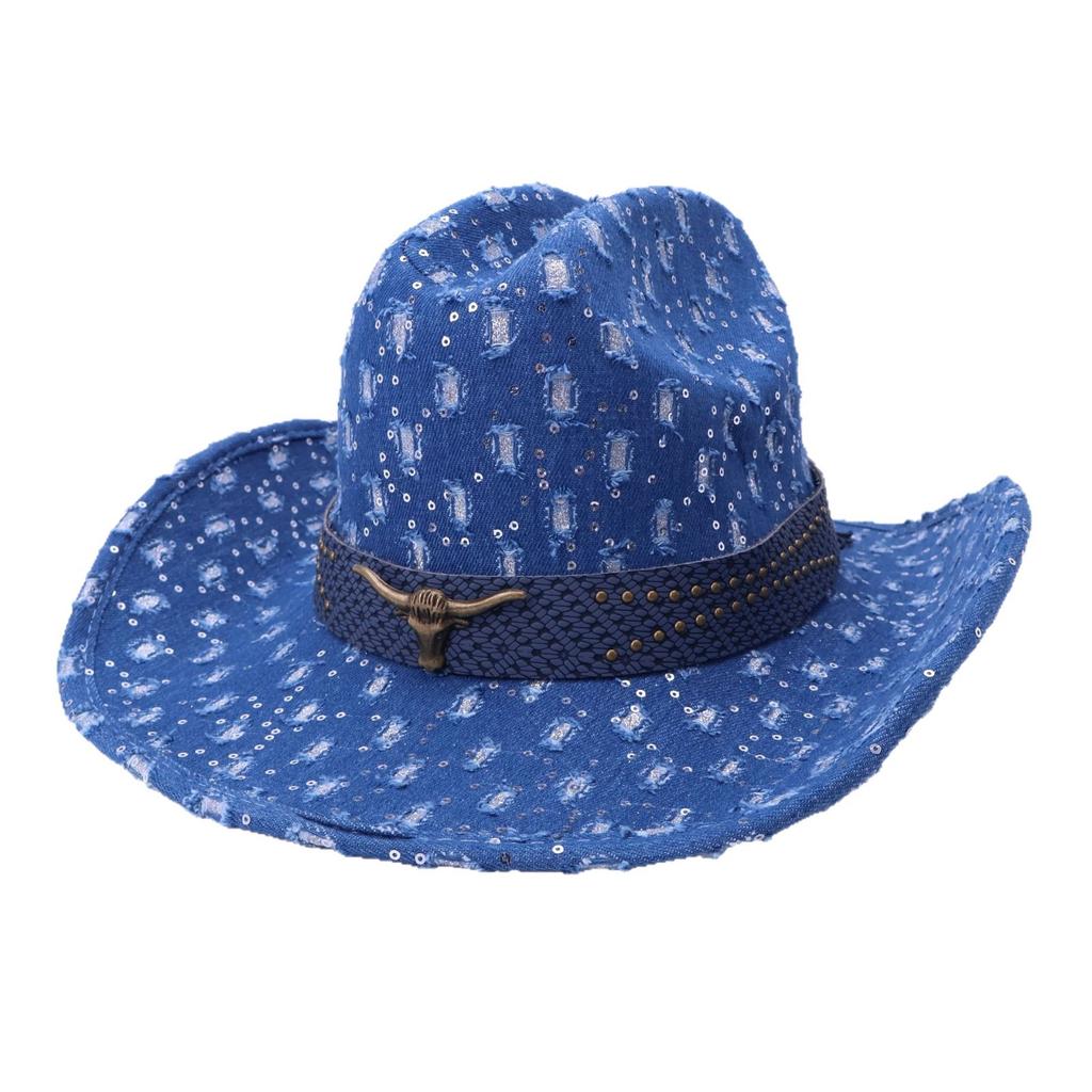 High-Quality Old Denim Ripped Western Denim Hat Fashionable Black Cow Head Belt Jazz Hat European And American Style Top Hat