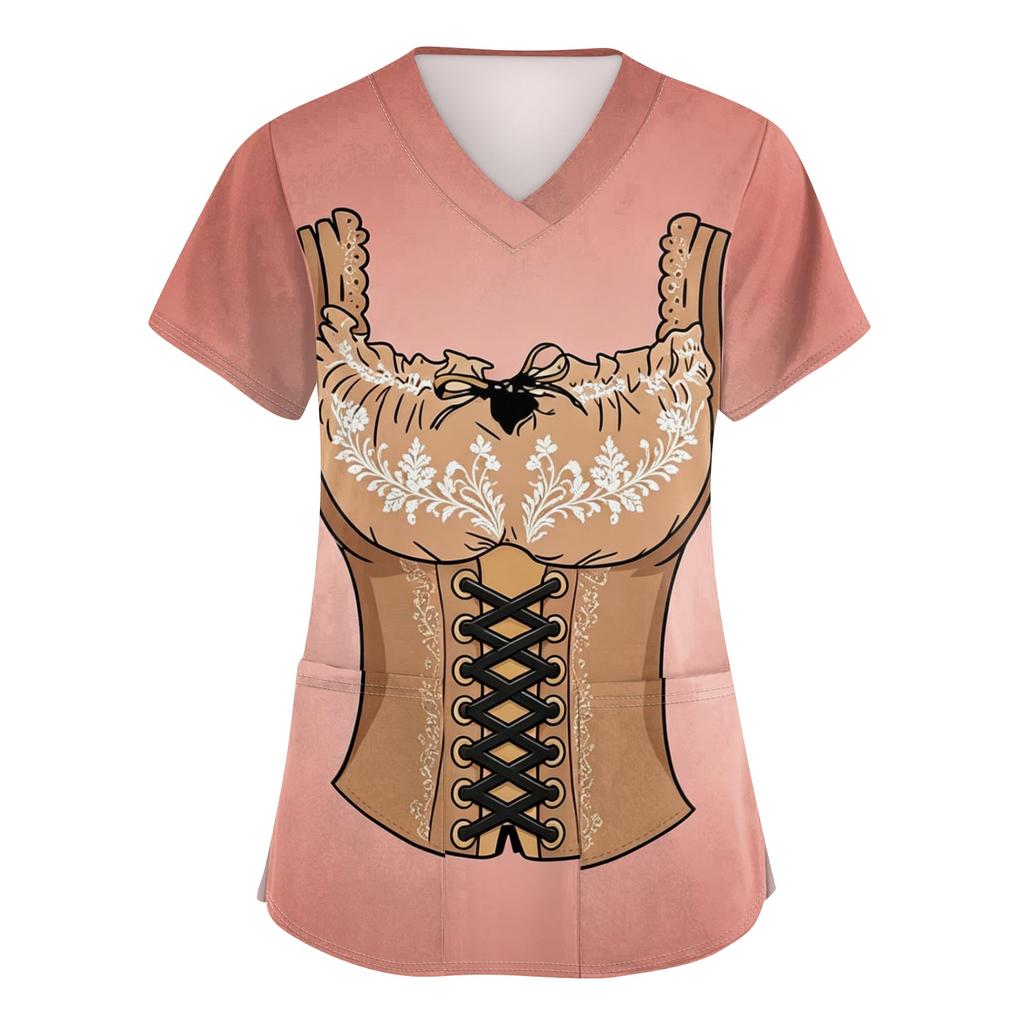 Women V Neck Short Sleeve Work Shirt with Pockets Oktoberfest Printed Top Nursing Uniform Medical Scrub Tee for Healthcare Staff