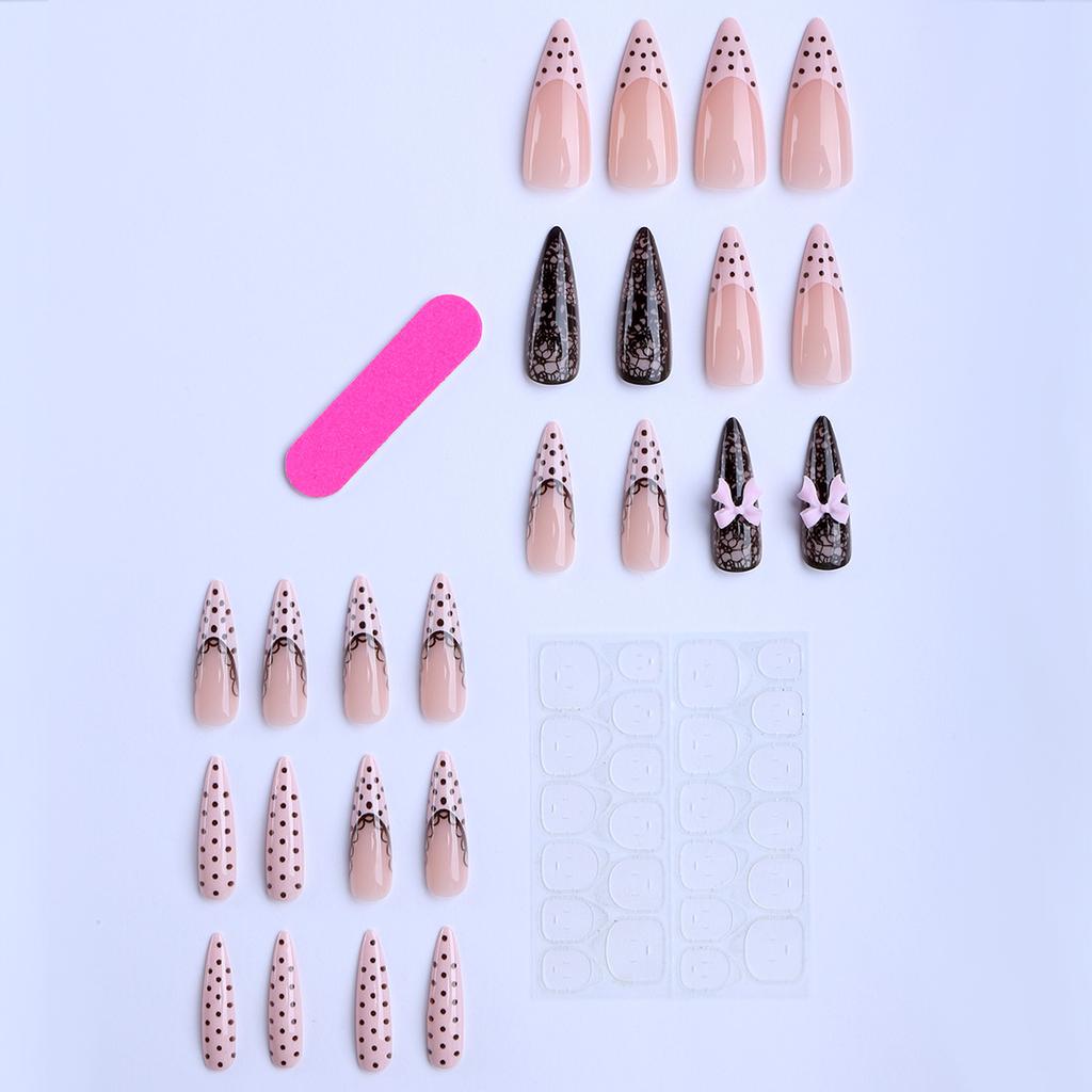 False Nails 24 Pieces Black Polka Dot Lace French Almond Elegant Design for Party Wedding