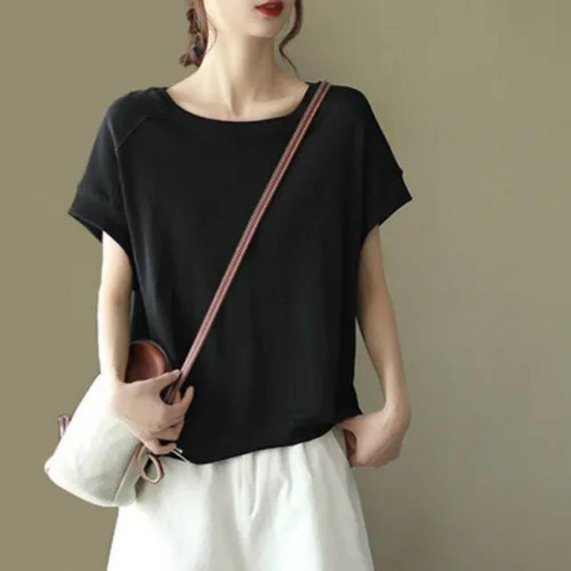 Camiseta para Mujer de Algodón de Verano Casual Talla Grande Holgada Cuello Redondo Pullover Tops de Manga Corta