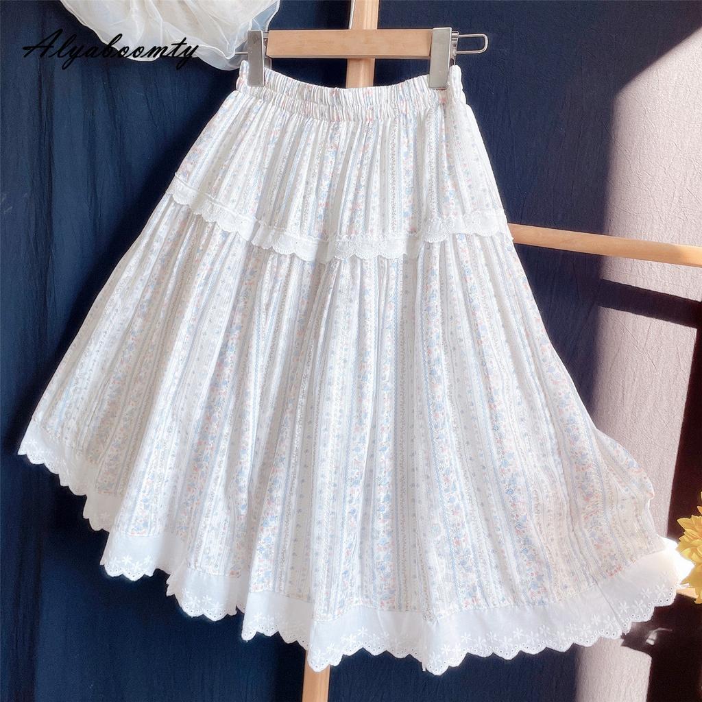 Japanischer Mori Girl Frühling Sommer Damen A-Linien-Rock Hohe Taille Süßer Blumenspitzen-Rüschen-Patchwork-Rock Eleganter Femininer Damenrock