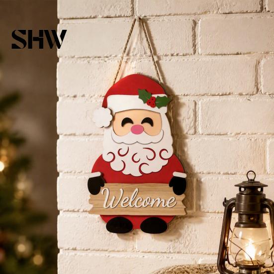Rustic Christmas Home Accents 2D Wooden Welcome Hanging Sign, Cartoon Santa Snowman Tree Winter Seasonal Ornament Door Hanger with Rope, Xmas