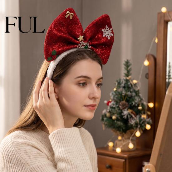 Decorative Snowflakes Headwear Sparkling Glitter Christmas Bow Headband for Women Girls, Giant Bowknot Hair Outfit Accessories with Snowflake Gift Box