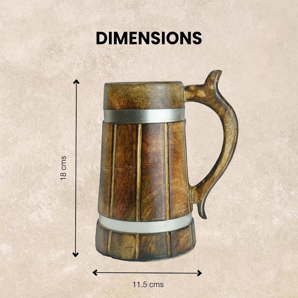 Wooden Beer Mug, Mango Wood with Sheesham Finish, Barrel Style, Lightweight & Durable, for Craft Beer, Home Bar, Café, Party, Gift (Pack of 2)