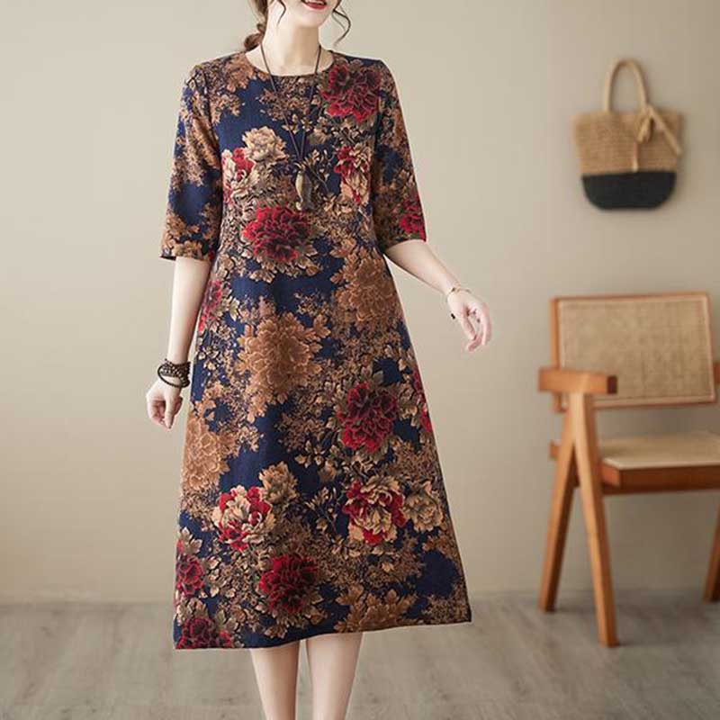 Dress for Woman Oversized Long Sleeve Ethnic Print Fitted Waist Vintage Casual Printed Long Loose Lace Dresses