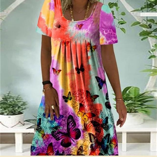 Women's Summer Autumn Short Sleeve Round Neck Pleated Printed All-Match Dress Women Fashion Casual Loose Dress