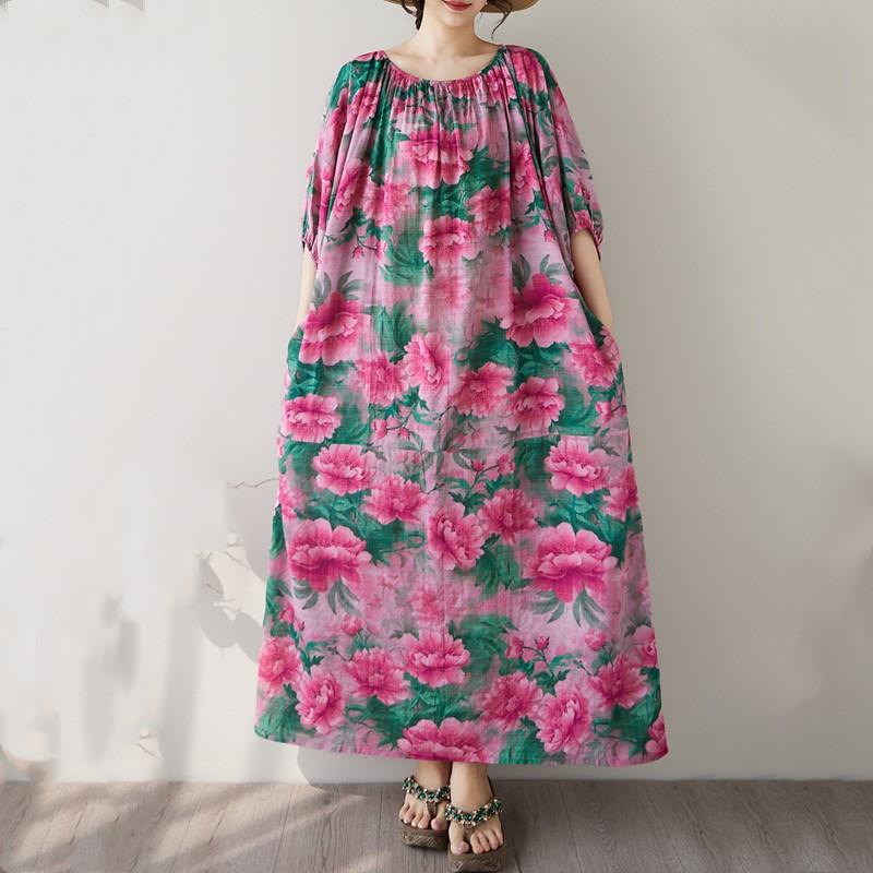 Manga curta Tamanho Plus Algodão floral vintage novidade em vestidos para mulheres casual solto maxi longo vestido de verão
