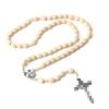 Cross Rosary Necklace with Handmade Knotted 9x10 Wooden Beads in Coffee Color