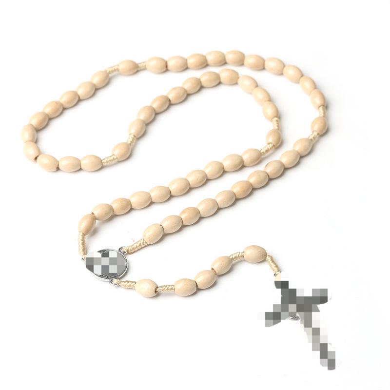 Cross Rosary Necklace with Handmade Knotted 9x10 Wooden Beads in Coffee Color