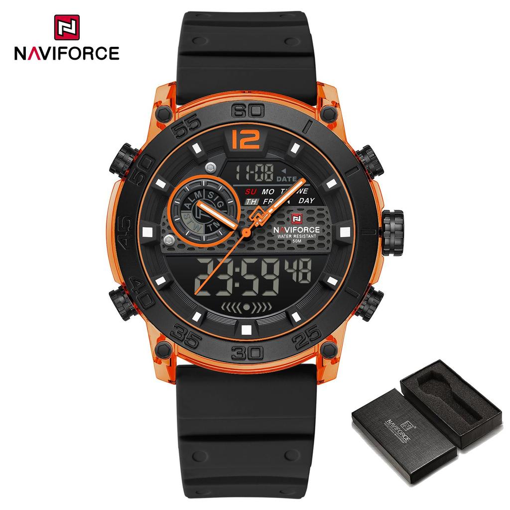 NAVIFORCE Men's Sports Watch Quartz Movement LCD Digital Watch Date Day Chronograph Waterproof Silicone Strap Boys Multifunctional Watch NF6104