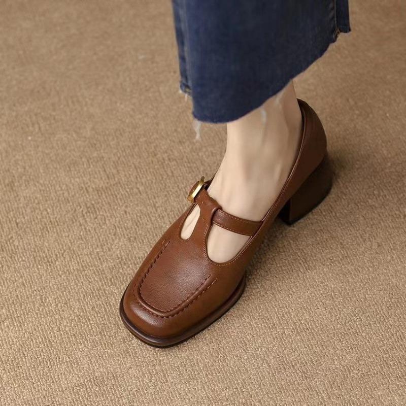 Fashion New Fashion Women's T Strap Leather Chunky Oxford Shoes Brown Mid Heels Square Toe Designer Pumps Black Sewing Dress Shoes