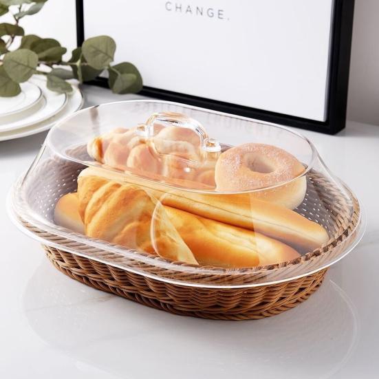 Brotkorb aus Rattanimitat mit Acryldeckel zur Aufbewahrung von Lebensmitteln, Servieren, multifunktional, gewebt