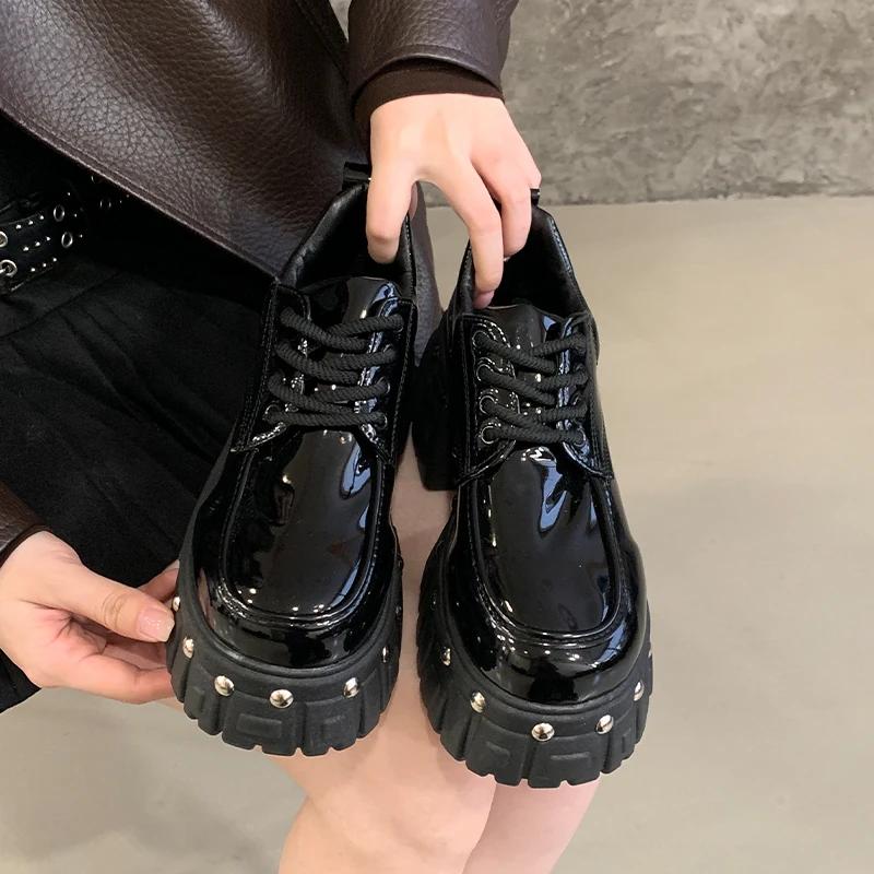 8cm Punk Style Women Boots Lace-up Heel Height Platform Shoes Woman Gothic Ankle Rock Boots Metal Decor Man and Woman Sneakers