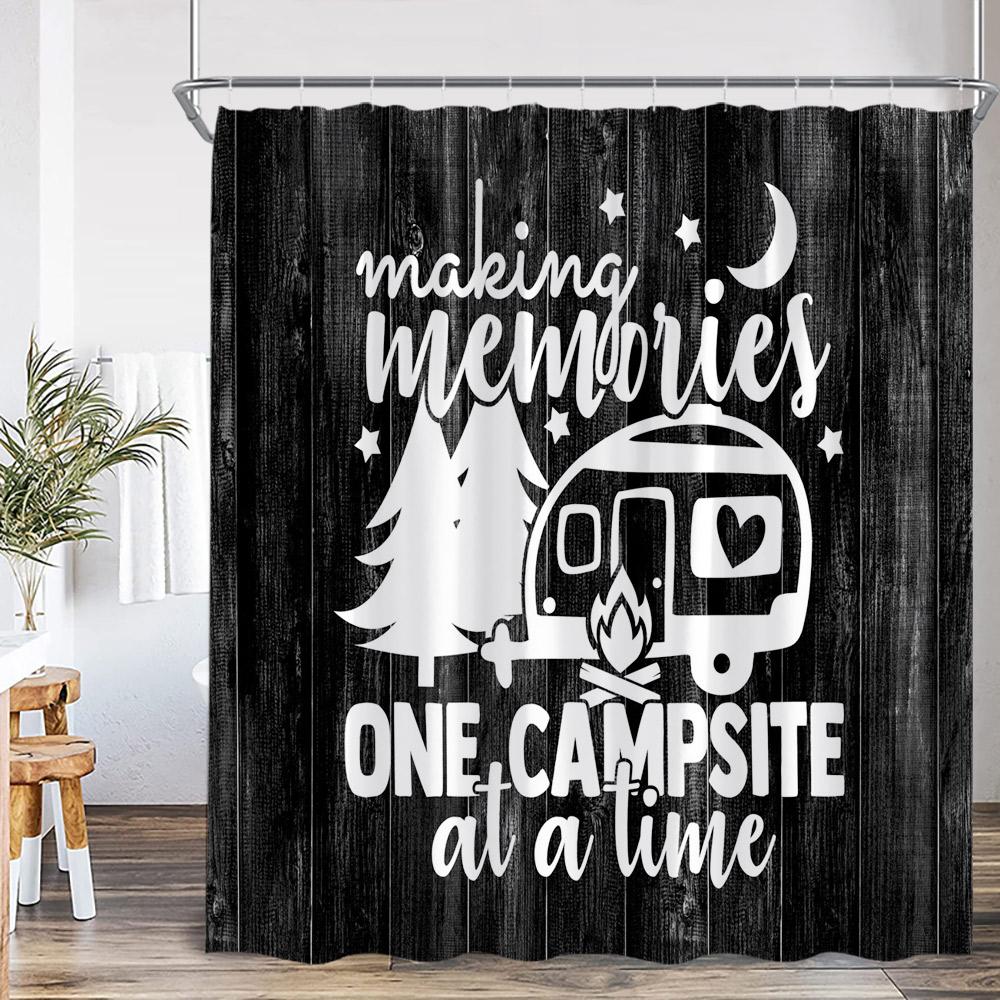 Camper Shower Curtain Happy Camping Adventure Campsite Forest Vintage Bathroom Decor Polyester Retro Bathtub Curtain With Hook