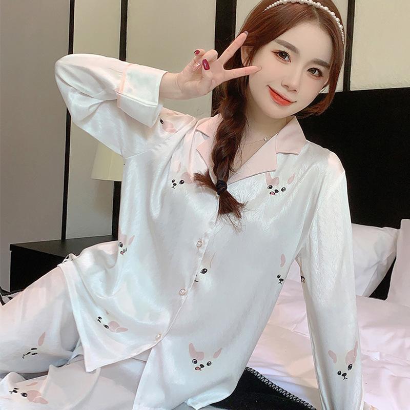 Ice Silk Pajamas Women'S Spring Summer New Long-Sleeved Trousers Casual Loungewear High-End Satin Silk Suit