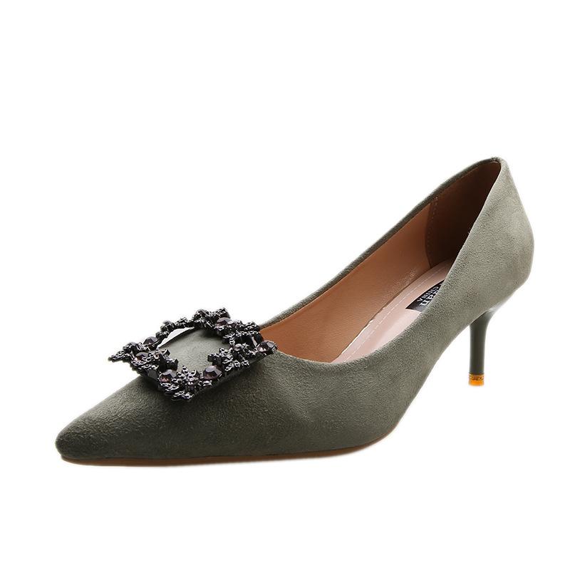 Rhinestone High Heels Women's New Professional Thin Heel Temperament Pointed Women's Shoes Metal Square Buckle Single Shoes