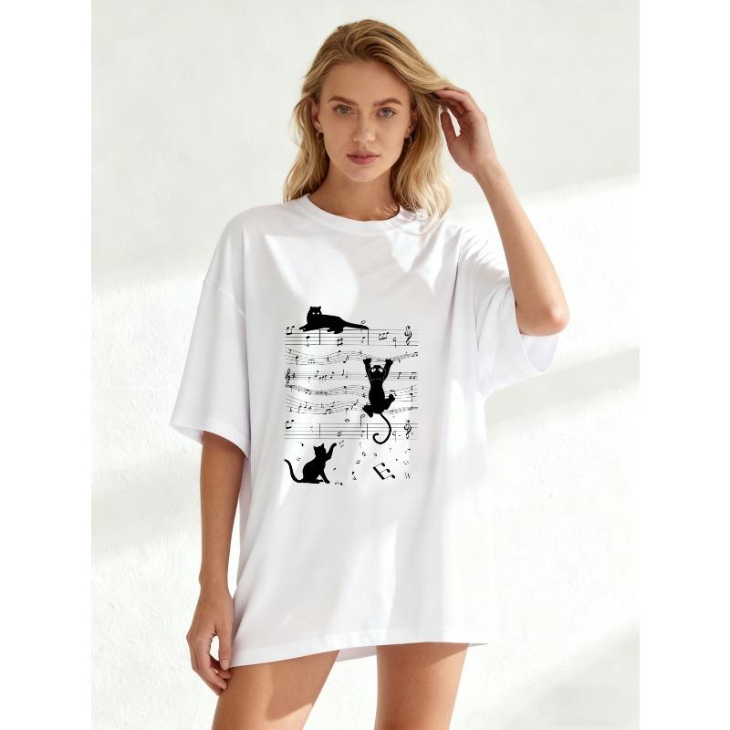 Oversized T Shirt Black Cat Music Notes Print Casual Loose Fit Top For Women Summer Streetwear Fashion
